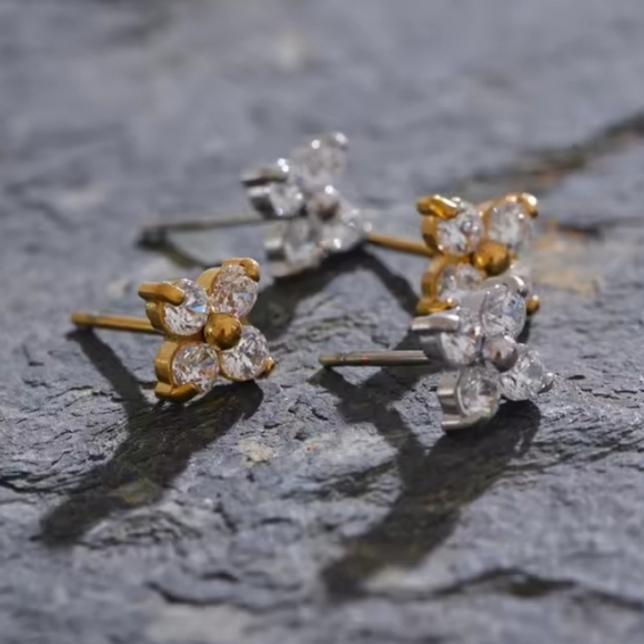 NEW Gold-Tone Stainless Steel & Cubic Zirconia Flower Stud Earrings - Picture 2 of 7